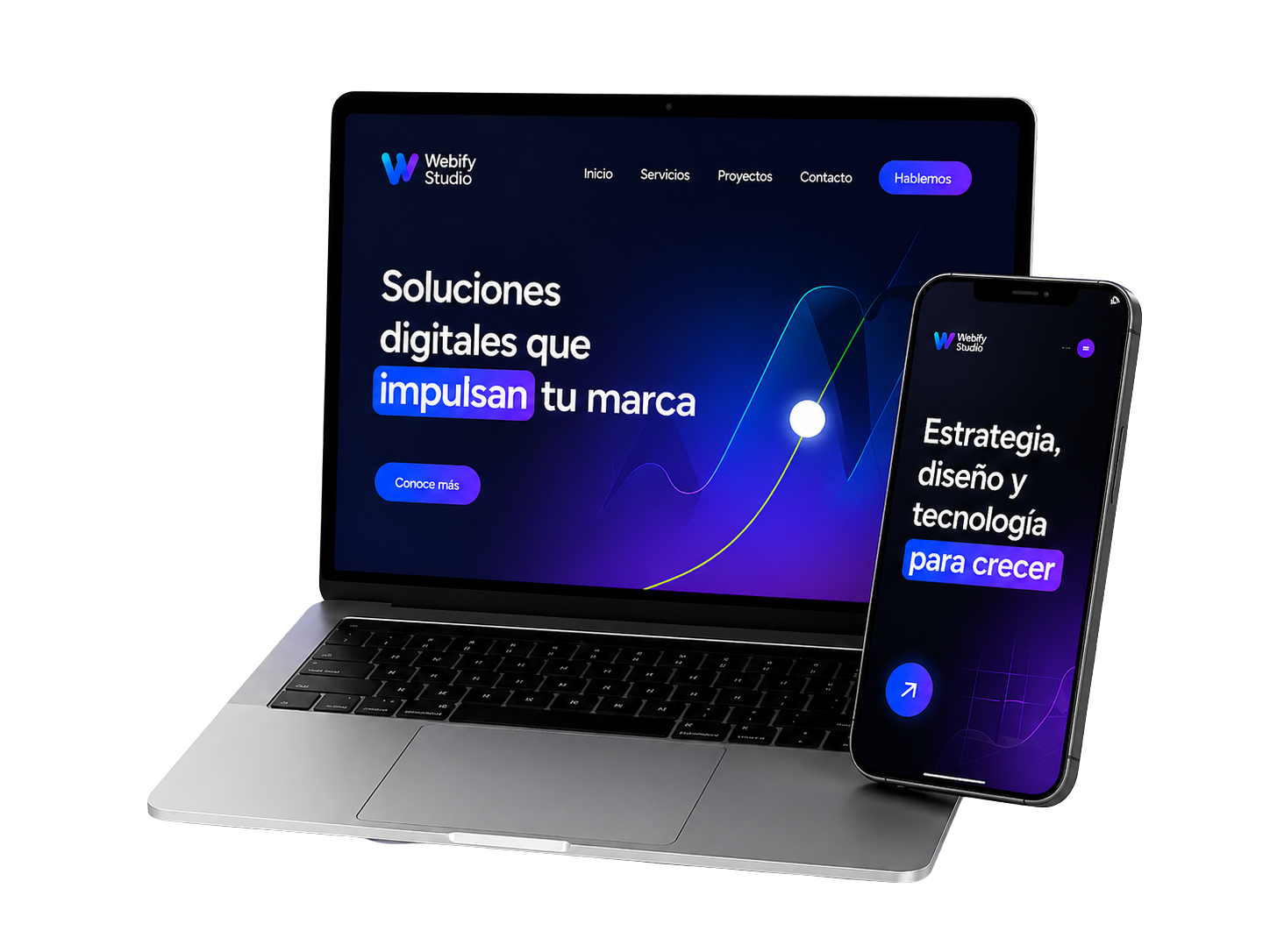 Laptop y celular mostrando interfaces profesionales diseñadas por Webify Studio